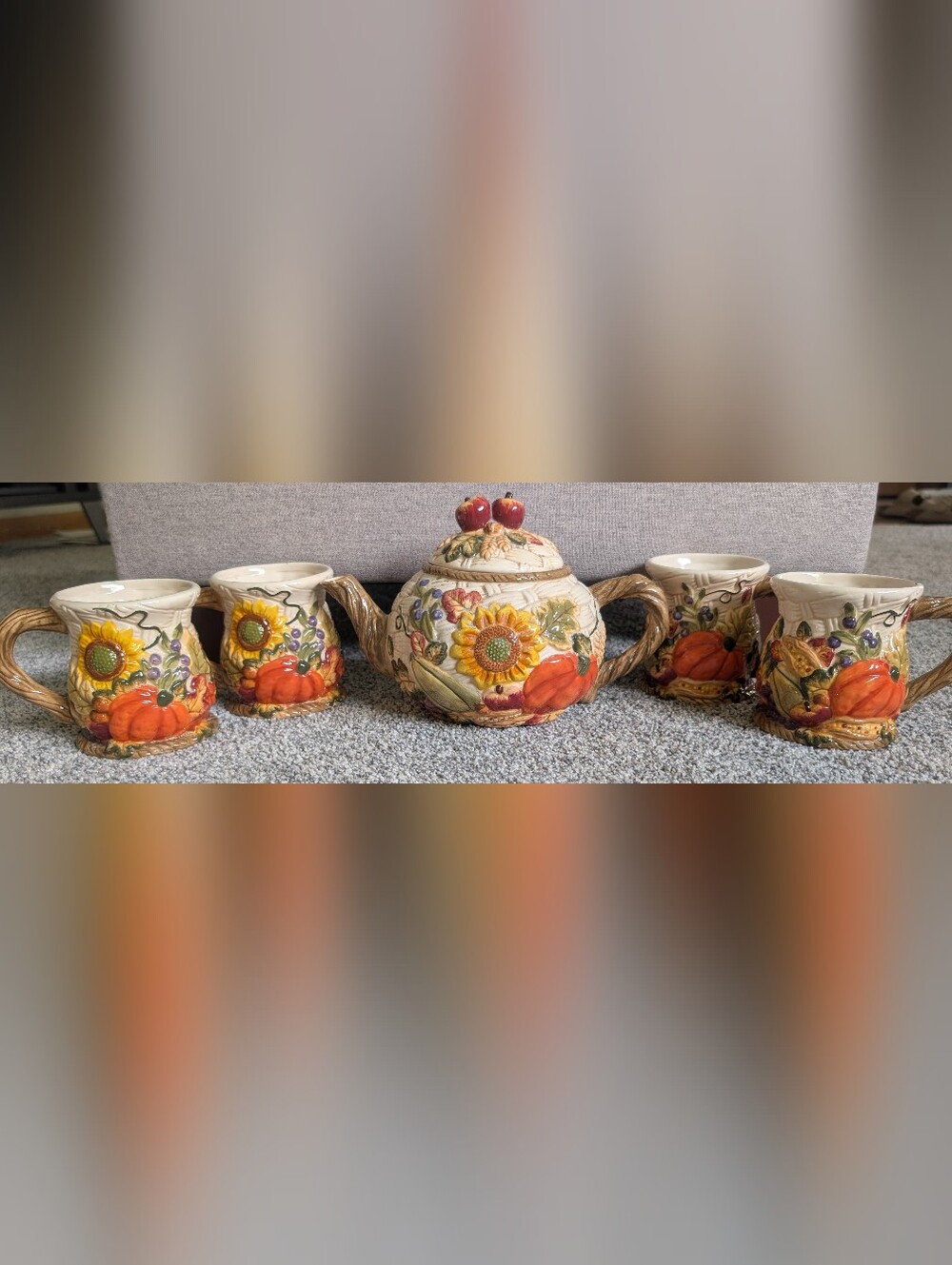Burton & Burton FIB Harvest Teapot 4 Mug Set Pumpkin Sunflower Apple Fall Autumn